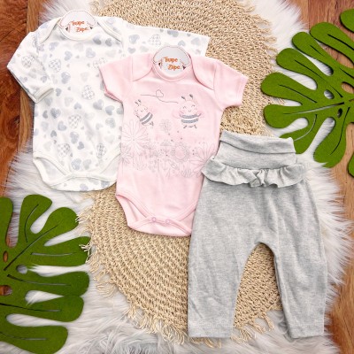 CONJ. DE MALHA 3 PEÇAS - Abelha Fofa com Tule - Rose e Mescla